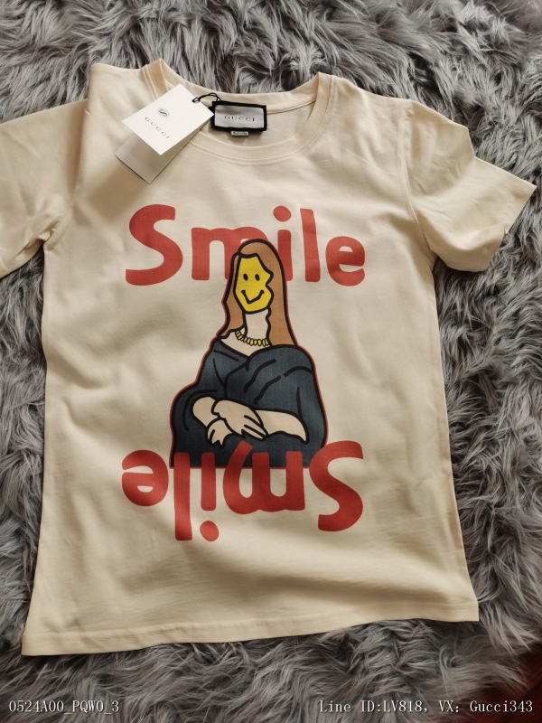 00193_ A00PQW0_ Gucci22 spring and summer new funny Monalisa smiling face front and back printing Beige short sleeve smlxl