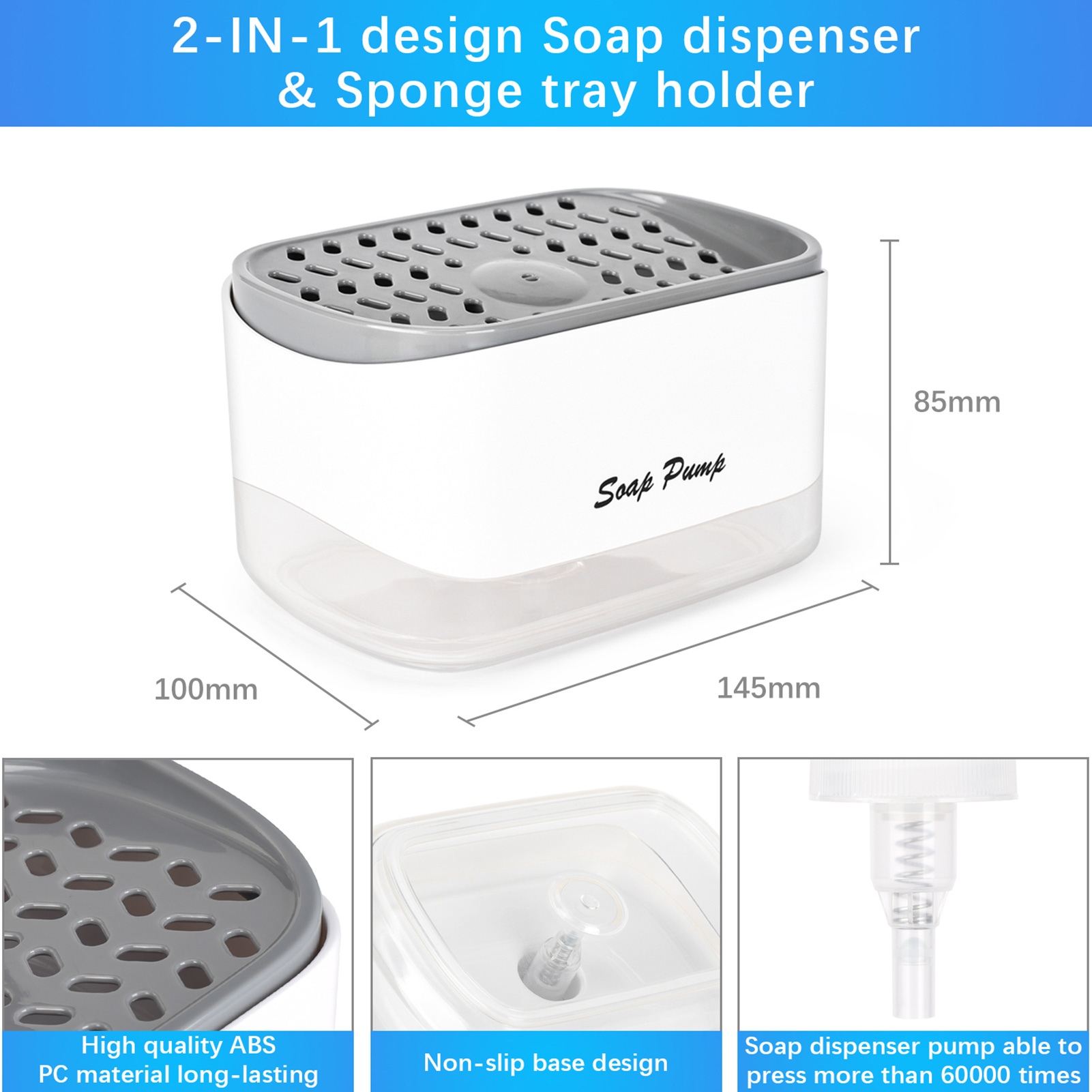 2 in 1 Soap Pump ABS Dispenser & Sponge Holder For Dish Soap And Kitchen Clear 