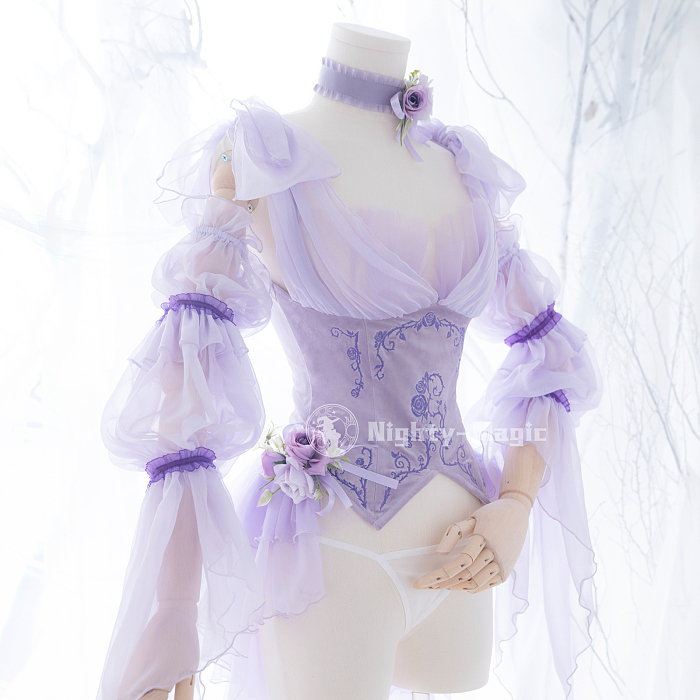 薄紫色の眠り姫高級ランジェリー5点セット【晚安魔法】