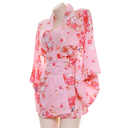 桜の花と猫プリントがキュートな色気漂う浴衣