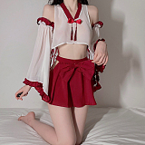 透け感あるスイートレッド巫女風コスプレ4点セット