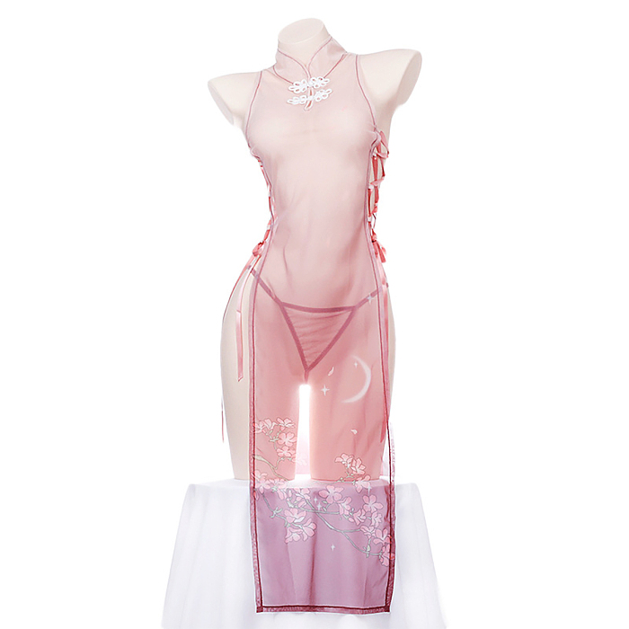 透け透けサイド編み上げセクシーチャイナコスプレ ピンク