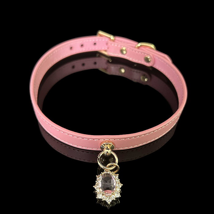 高級感溢れる宝石ペンダントSM本革首輪 リード付き ブラック/レッド/ピンク