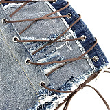 サイド編み上げの極浅セクシーデニムショート ブルー/黒