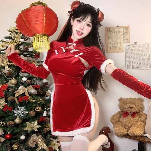 可愛い中華風サンタチャイナコスプレ お団子髪飾りとストッキング付き