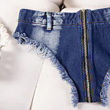 ジッパーでクロッチオープン可能な極浅マイクデニムショートパンツ