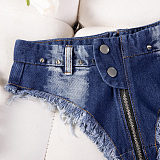 ジッパーでクロッチオープン可能な極浅マイクデニムショートパンツ