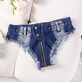 ジッパーでクロッチオープン可能な極浅マイクデニムショートパンツ