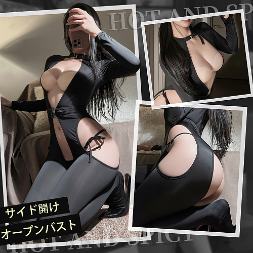 サイド開きセクシーオープンバストボンテージ風キャットスーツ