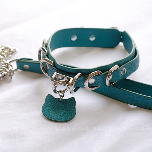 大人可愛いペット感ある猫チャーム付きSM首輪 ピーコックブルー/ピンク