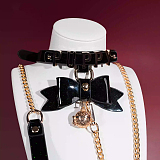 高級感溢れた光沢感のあるリボンと光る鈴が付いたSM拘束首輪 リード付き