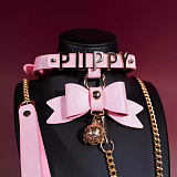 高級感溢れた光沢感のあるリボンと光る鈴が付いたSM拘束首輪 リード付き