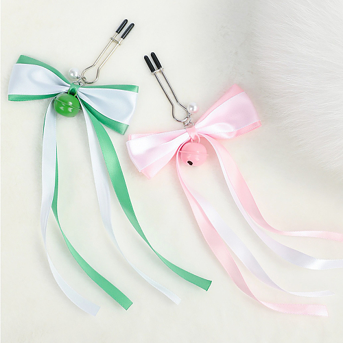 甘く爽やかリボンとパール飾り付きのニップルクリップ ピンク/グリーン