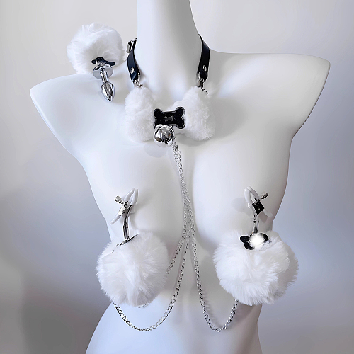 ふわもこ犬骨チョーカー＋毛玉ニップルクリップ＋毛玉アナルプラグ【ペットプレイ調教3点セット】