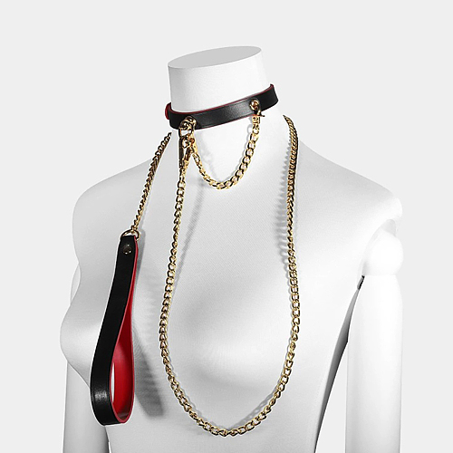 力強く拘束できる重厚メタルチェーン本牛革SM首輪 リード付き 黒×赤
