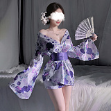 艶やかな紫の花柄セクシーな浴衣コスプレ 2WAY着用可能の帯付き
