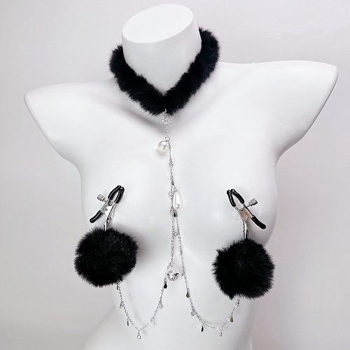 ファーポンポンチェーンニップルクリップとファーチョーカー