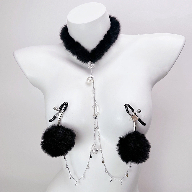ファーポンポンチェーンニップルクリップとファーチョーカー 白/黒