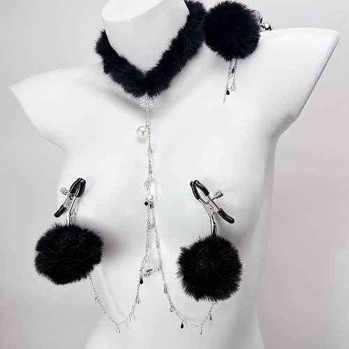 ファーポンポンチェーンニップルクリップとファーチョーカー