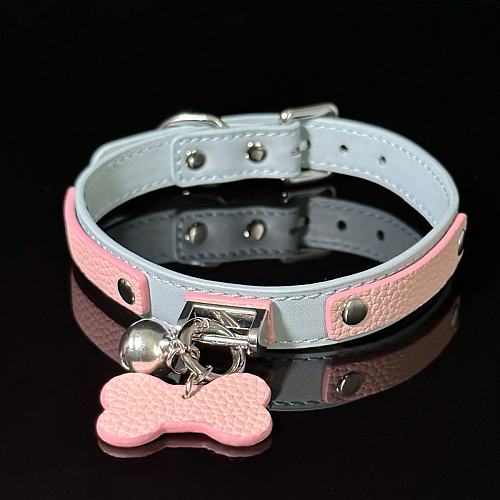 可愛い水色とピンクのシンプル高級本革SM首輪 ドッグボーンと鈴が取外し可能