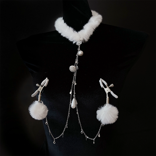 ファーポンポンチェーンニップルクリップとファーチョーカー 白/黒