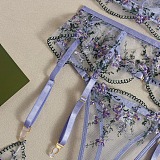 ラベンダー 刺繍 ランジェリー シースルー 3点セット ガーターベルト 純欲 セクシー下着