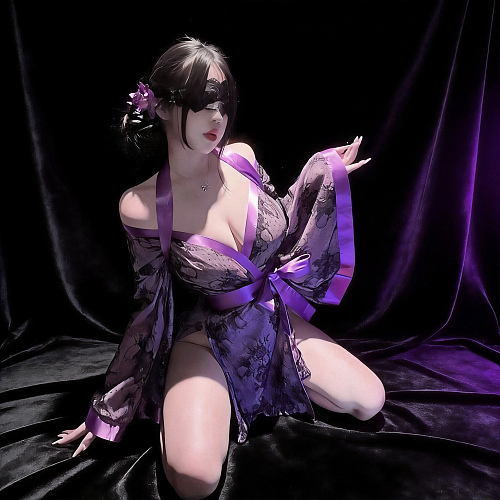 艶やかに透ける紫の花魁風浴衣ランジェリー レース目隠し付き