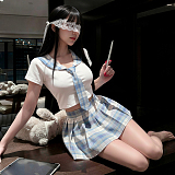 王道可愛いチェック柄JK風セーラー服 アイマスク&ニーハイ付き