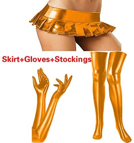 6XL 3 PCS Set Women Pleated Mini Skirt+Shiny Stockings+Long Gloves