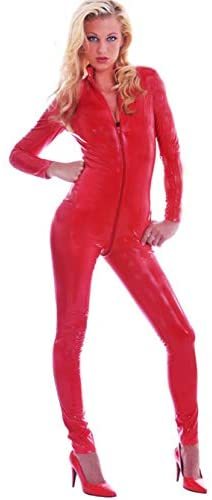 Women's Fetish Wear Sexy Red Wet Look Catsuit Zipper to Crotch