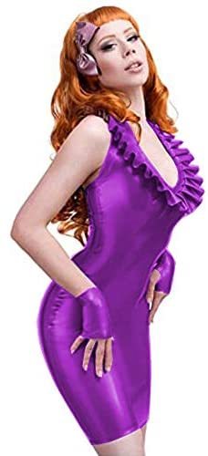 Plus Size Ruffle Neck PVC Mini Dress Ladies Backless Dress +Gloves