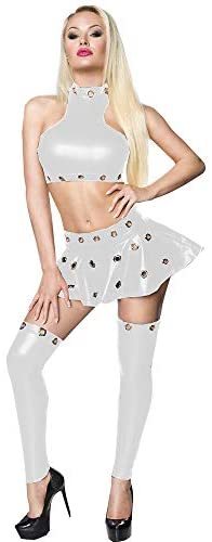 20 Colors Eyelet 3 Piece Skirt Set Ladies Mini Crop Top+Pleated Skirt+Stockings