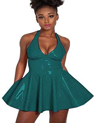 12 Colors Backless PVC Mini Dress Women Deep V-Neck A-line Dress