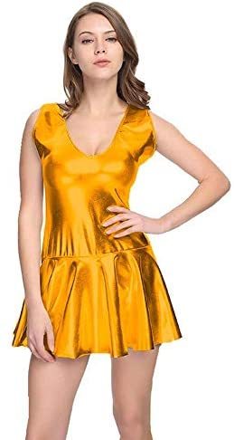 18 Colors V-Neck Sleeveless A-line Mini Dress Shiny Pleated Dress