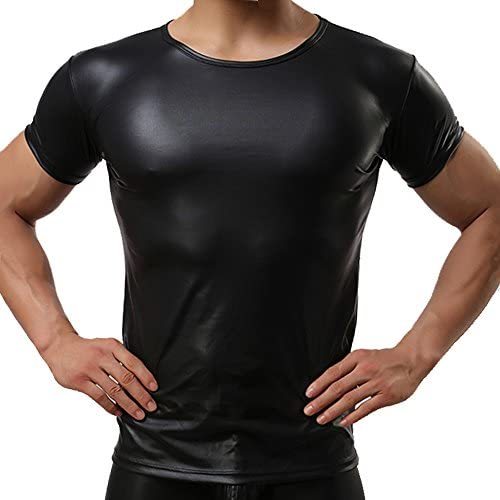 Fashion Queen Sexy Men's Black T-Shirts Faux Leather Tops Short Sleeve  Undershirt Clubwear