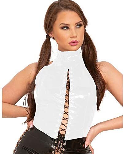 Plus Size PVC Sleeveless Tank Tops Ladies Back Zipper Lace Up Tops