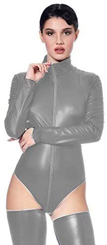 Plus Size Faux Leather Bodysuit Long Sleeve Catsuit with Stockings