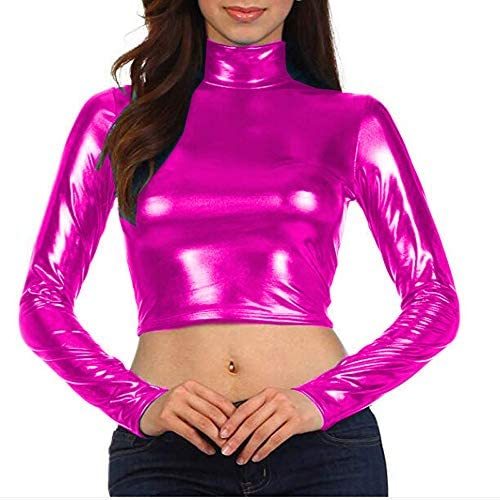 Long Sleeve Metallic Crop Top Sexy Faux Leather Ladies Mini T-Shirt