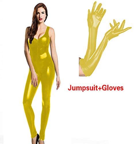 16 Colors Zip to Crotch Catsuit Low Cut Jumpsuit with Shiny Gloves