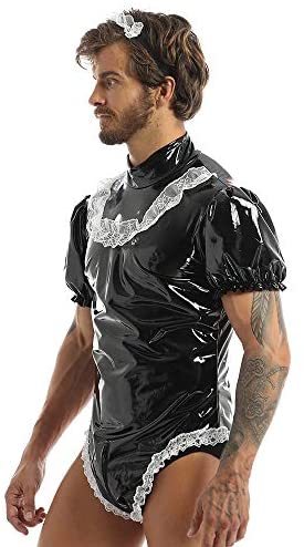 21 Color Sexy Men Maid Cosplay Costume Wetlook Puff Sleeve High Cut PVC Bodysuit