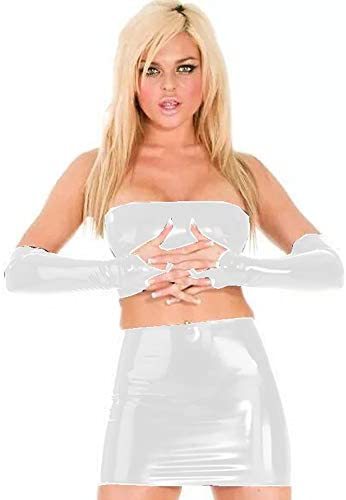 Plus Size Lady Skirt Set Wet Look PVC Tube Top Mini Skirt + Gloves