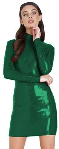 Long Sleeve Women Glossy PVC Mini Dress Zip Back Bodycon Clubwear