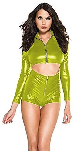 20 Colors Shiny Metallic Ladies Suit Zipper Long Sleeve Crop Top+Bodycon Shorts