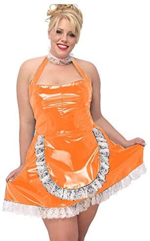 Plus Size Halter Sleeveless Maid Mini Dress Women PVC Sweet Dress+Lace Necklace