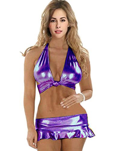 Women's Sexy Wet Look Unpadded Halter Bra Shiny Bikini Set Metallic Swimwear