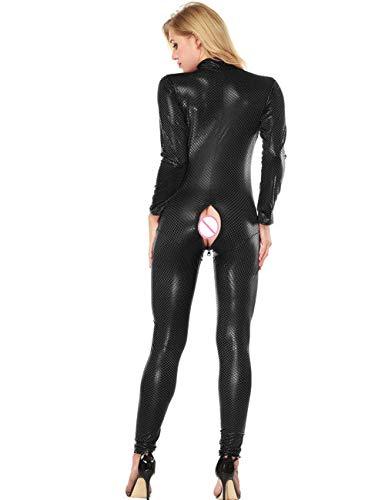 Women Faux Leather Crotch Zipper Catsuit Erotic Wet Look Bodycon Fetish Bodysuit Plus Size