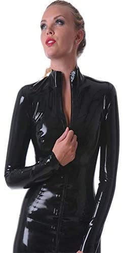 Plus Size PVC Zipper to Crotch Jumpsuit Women Long Sleeve Catsuit