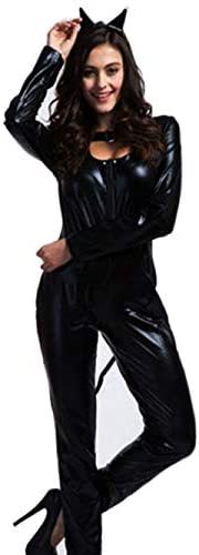 Halloween Women's Catsuit Wet Look Leather Bodysuit Zipper to Crotch
