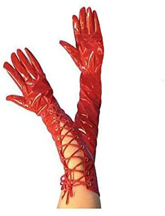 Wetlook Women's Elbow Lace Up Gloves Shiny Metallic Mitten Costume Prop