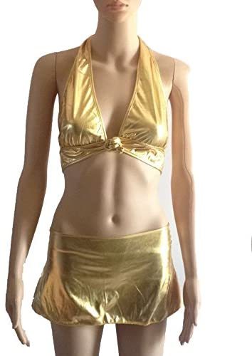 Women's Sexy Wet Look Unpadded Halter Bra Shiny Bikini Set Metallic Swimwear
